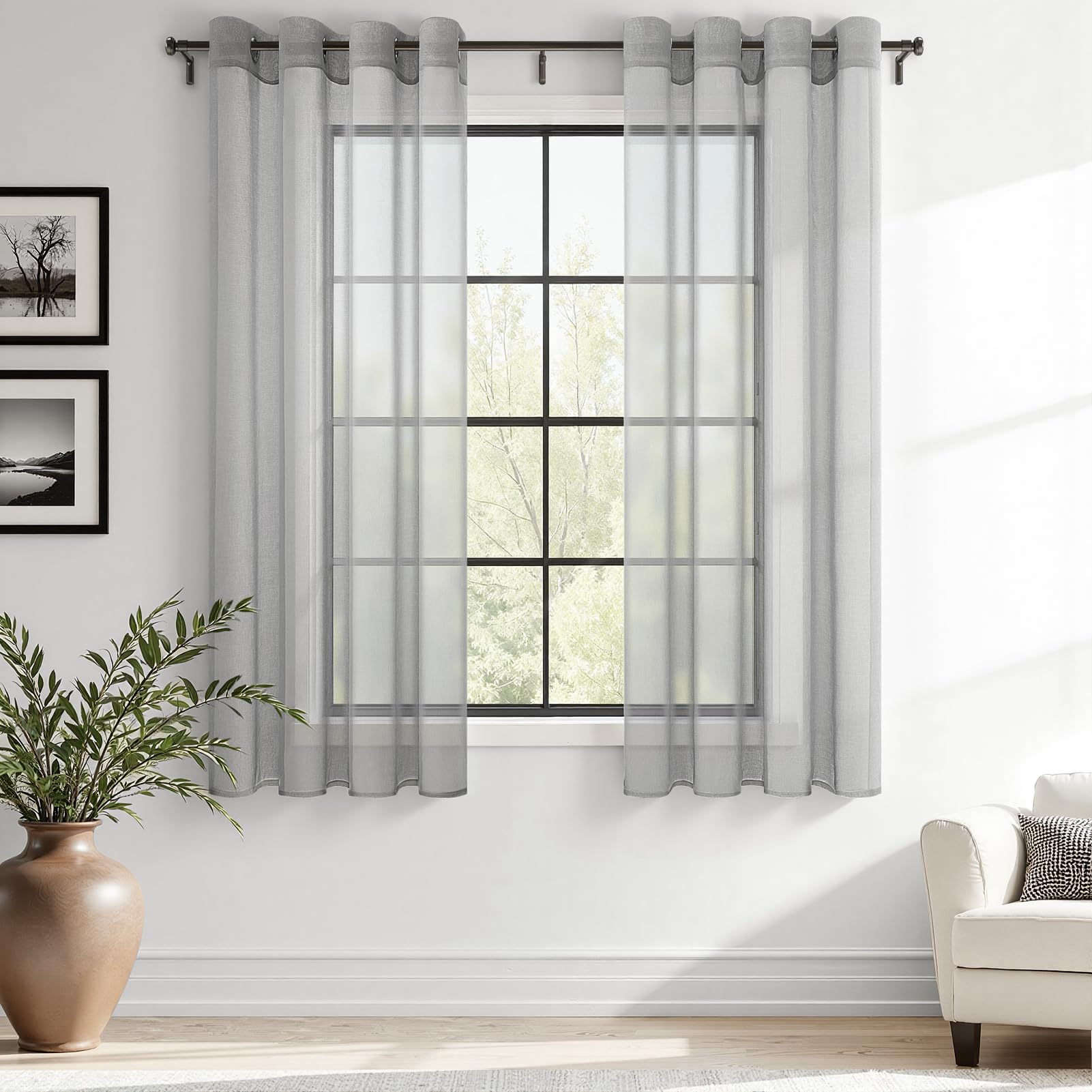 MRTREES Voile Curtain 57 Inch Drop 2 Panels Faux Linen Grey Curtains for Bedroom Eyelet Short Sheer Curtains Panel for Living Room Patio Door 55x57 Inch Drop 140cm x 145cm