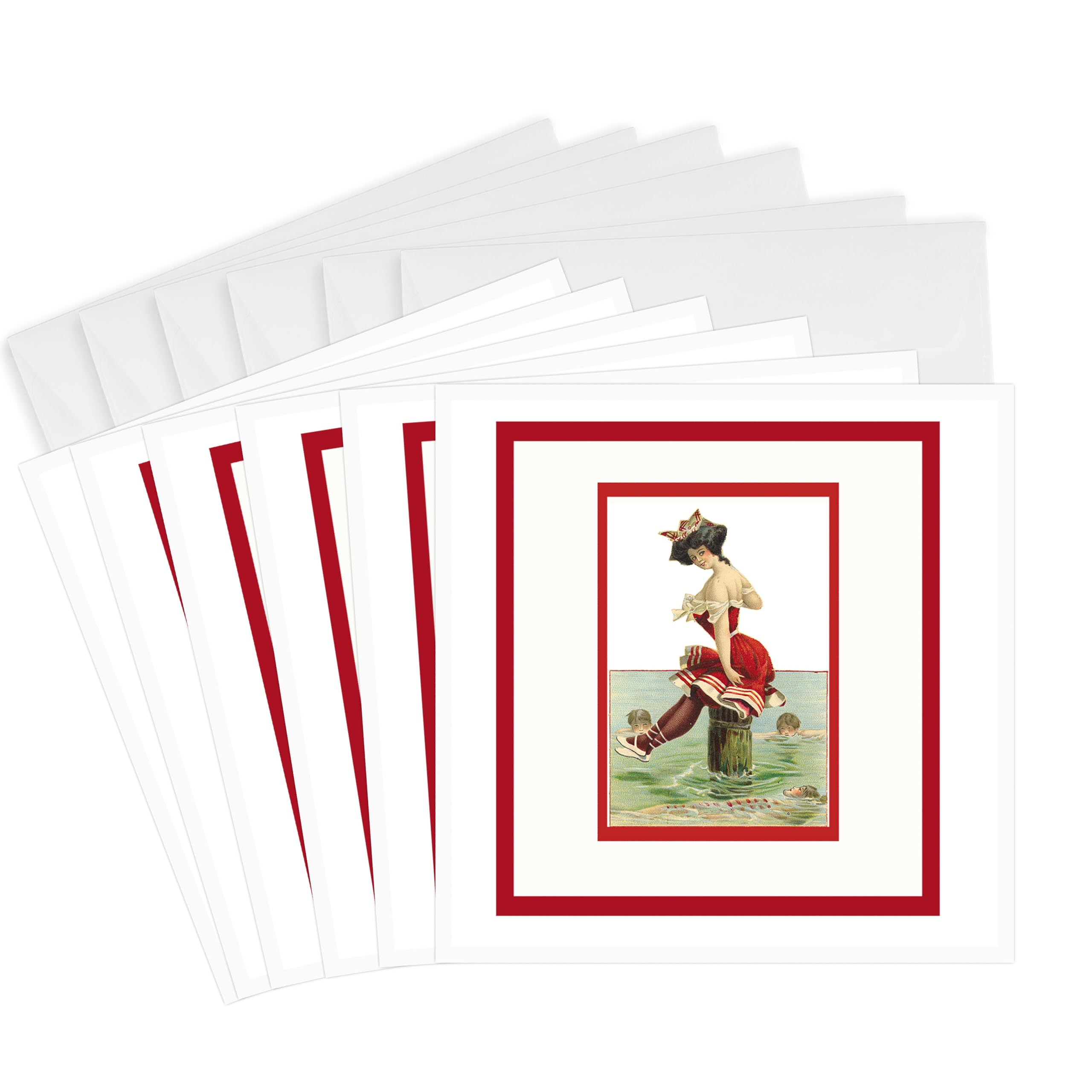3dRose gc_170428_1 6 x 6-Inch Pretty Lady in a Victorian Era Bathing Suit Sitting on a Post Greeting Card (Pack of 6)