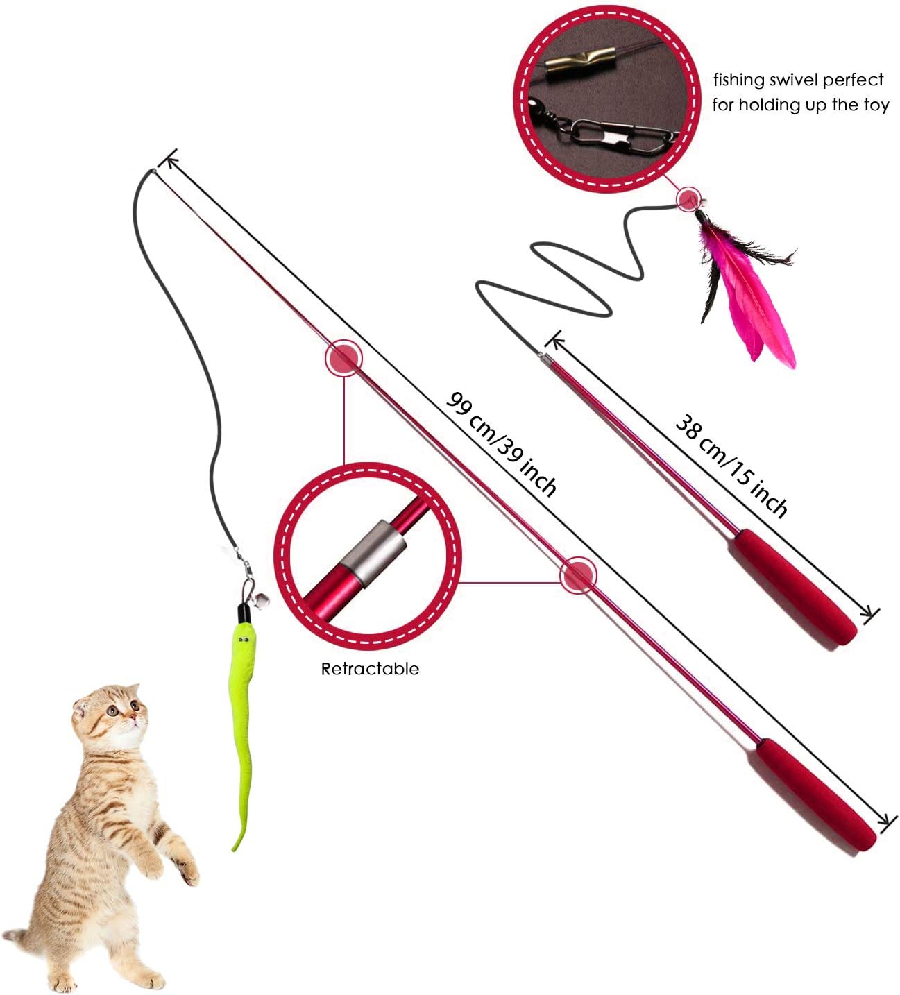 M JJYPET Retractable Cat Wand Toys, 12 Packs Interactive Cat Feather Toy, 9 Assorted Teaser Refills with Bell for Cat, Kitten : Pet Supplies