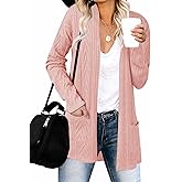 MEROKEETY Women's Casual Long Sleeve Open Front Cable Knit Cardigans Lightweight Solid Color with Pockets