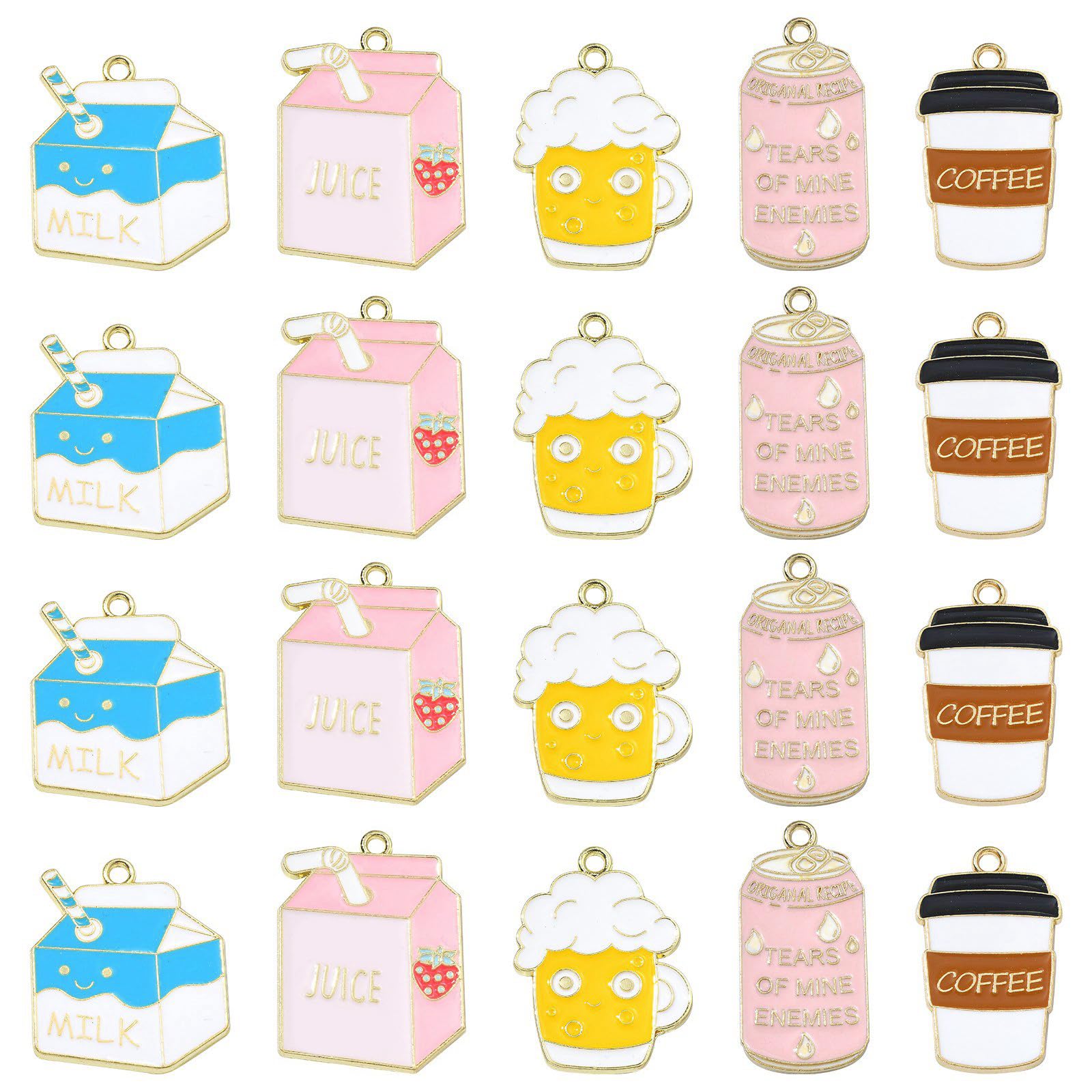 Stiesy 20Pcs 5 Styles Enamel Drink Theme Charms Beverage Charms Milk Box Beer Coffee Canned Drink Dangle Charms for Jewellry Making DIY Crafts Gift