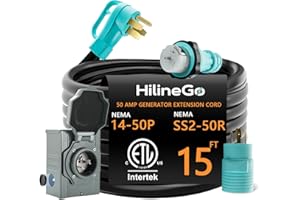HILINEGO 50 Amp Generator Cord 15FT and Power Inlet Box, 125V/250V RV Power Cord, NEMA 14-50P/SS2-50R Twist Lock Connector, NEMA SS2-50P Generator Inlet Box, 30M/50F Adapter Included, ETL Listed