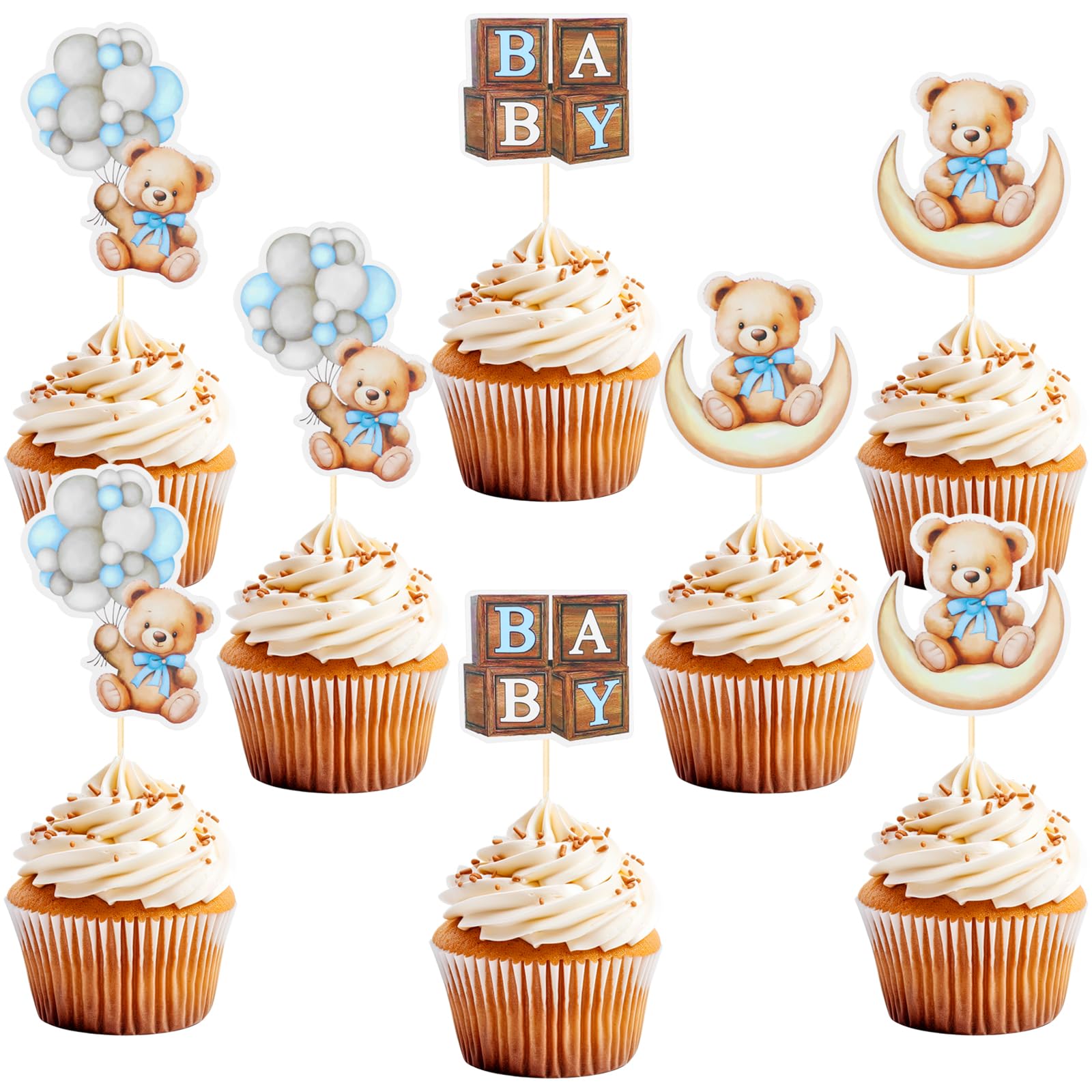 Photo 1 of 24 PCS Bear Cupcake Toppers, Baby Shower Baby Bear Cake Decorations Little Bear Cupcake Topper for Bear Theme Baby Shower Birthday Supplies (Blue)