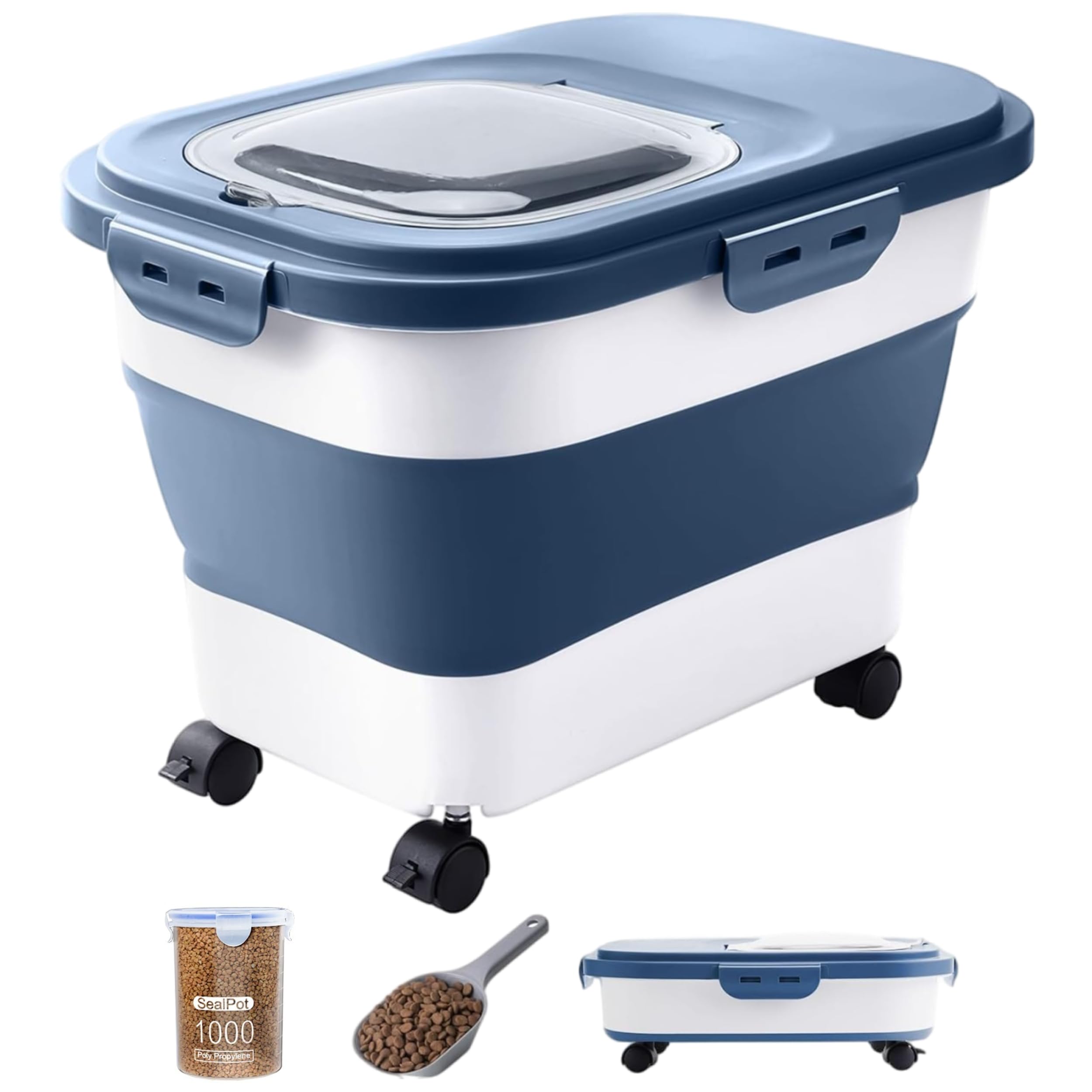 Photo 1 of DDMOMMY 20-23 Lbs Dog Food Storage Container - Collapsible Dog Food Container with Wheels Airtight Lids, Scoop and Small Container, Pet Food Storage Dry Food For Dog, Cats and Other Pet (Blue)