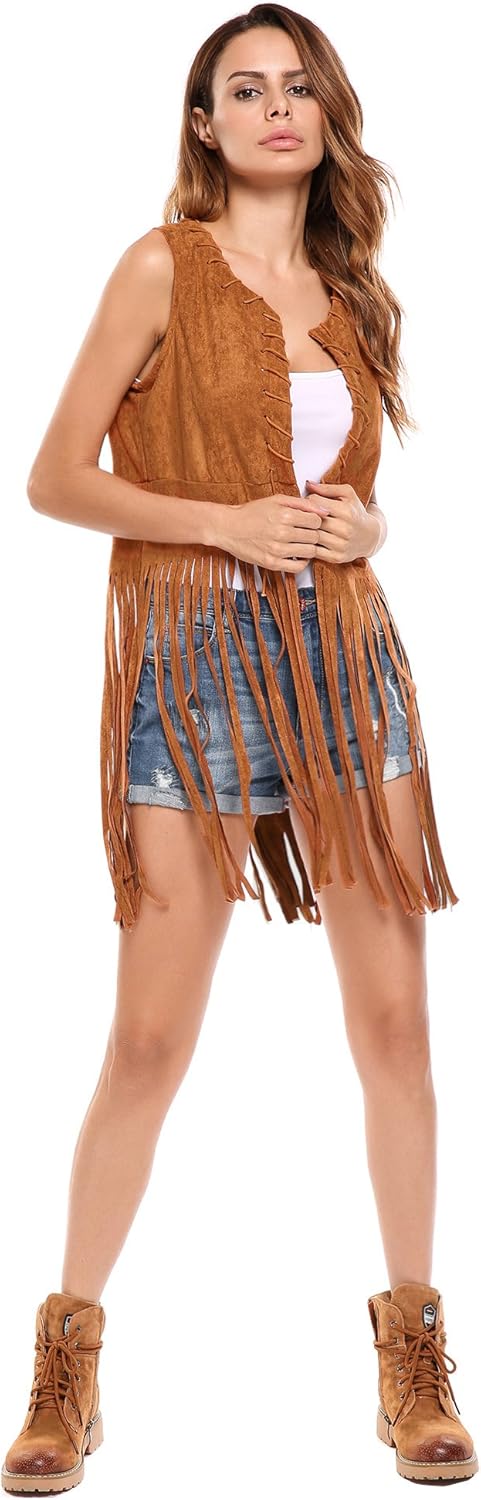 Hotouch Women Fringe Vest Faux Suede Tassels 70s Hippie Clothes Open-Front Sleeveless Vest Cardigan Female at  Women's Coats Shop