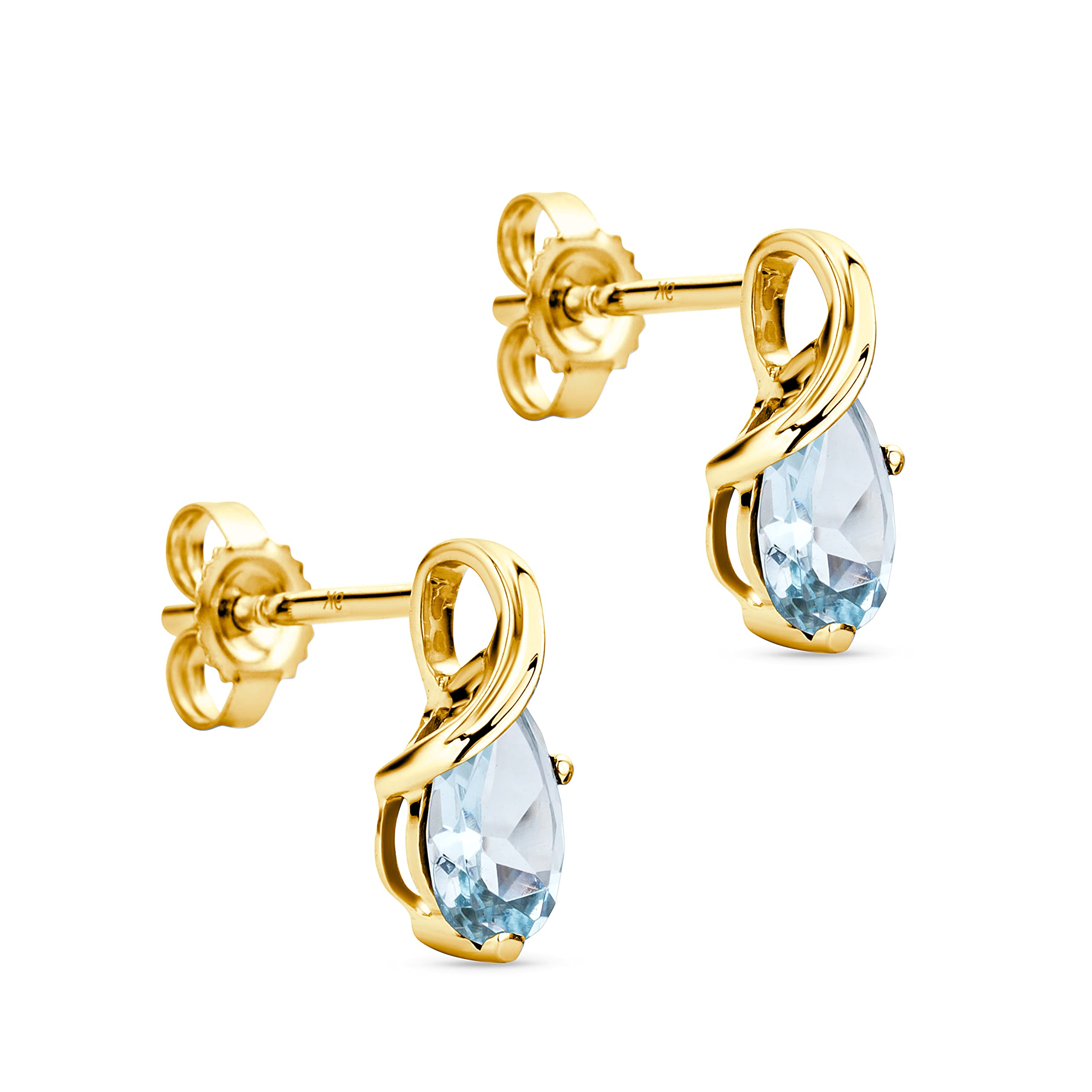 Orovi Pear-Shaped Yellow Gold Earrings for Women with blue Topazes in 9 Carat Gold, Hypoallergenic Earrings - Handmade, including jewellery box