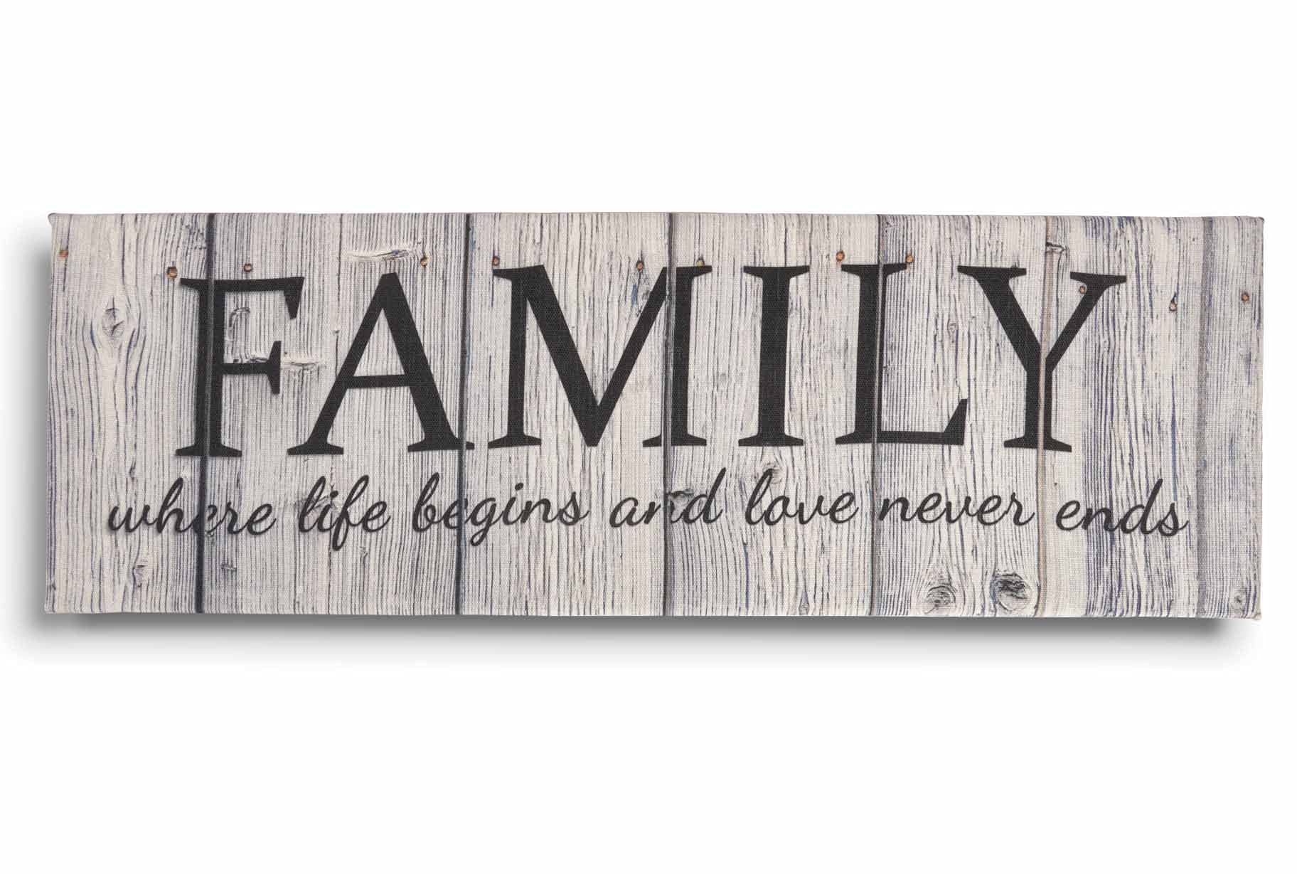 Inkdotpot Stretched Canvas Quotes Wall Art Decor, Family Where Life Begins And Love Never Ends Wall Decor- 8 x 24 Rustic Wall Art Sign- Farmhouse Decor Faux Plaque Sign