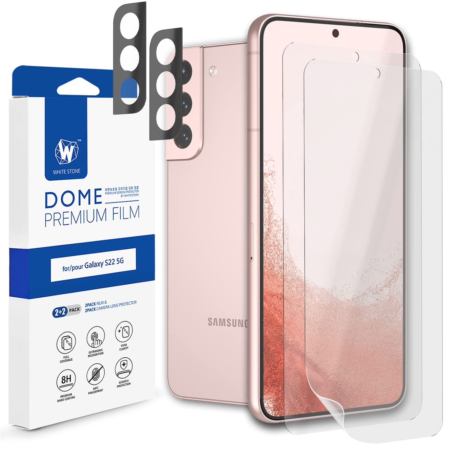 [2+2 Pack] [Dome Premium Film] Whitestone 8H Hard Coat Film Screen Protector for Galaxy S22, 2Pack Camera Protectors with 2Pack Hard Film Screen Protectors - 4Pack