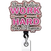 YAZMEEN Inspirational Retractable Badge Reel with Alligator Clip Stay Positive Work Hard Make It Happen ID Badge Holder Funny Brown Glitter Badge Reel Gift for Office Worker Nurse Doctor Teacher