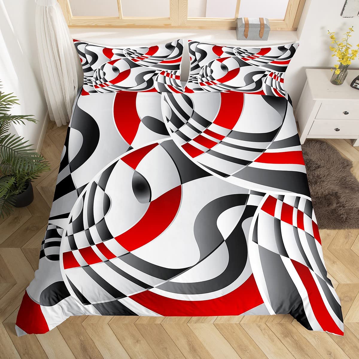 Geometric Bedding Set Barclay Arcs Shapes Duvet Cover Set Kids Boys Girls Swirl Comforter Cover Red Black White 3Pcs Double Size Boys