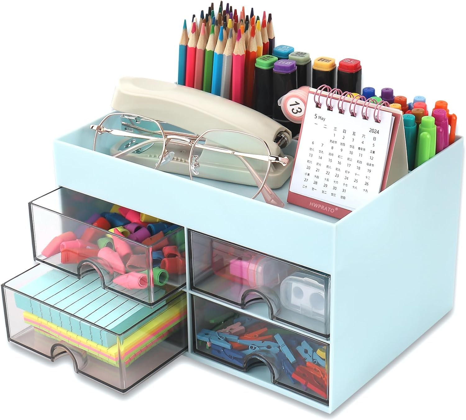 KAHEIGN Desk Organiser with 4 Drawers, 19CM x 14CM Multi-Functional Desk Tidy Organiser Large Capacity Pen Holder Makeup Organizer for Kids Teacher Gift Office School Home Table Decor (Blue)