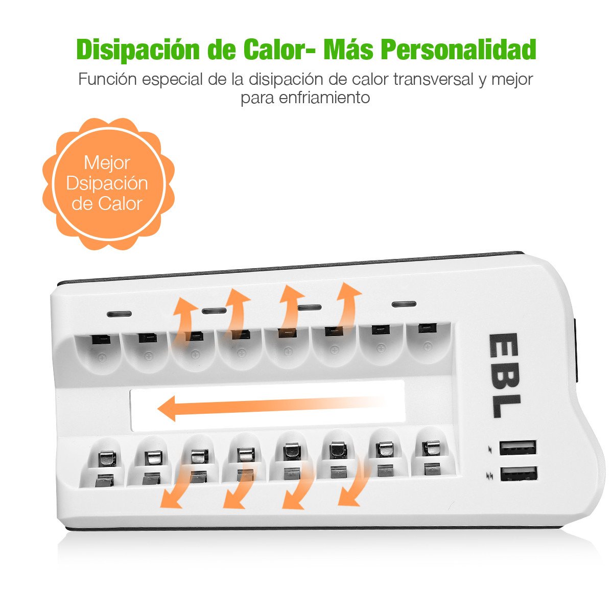 EBL 808U Cargador de Batería con 8 Ranuras para Batería Recargable AA / AAA NiMH/NiCd con 2 Puertos de USB