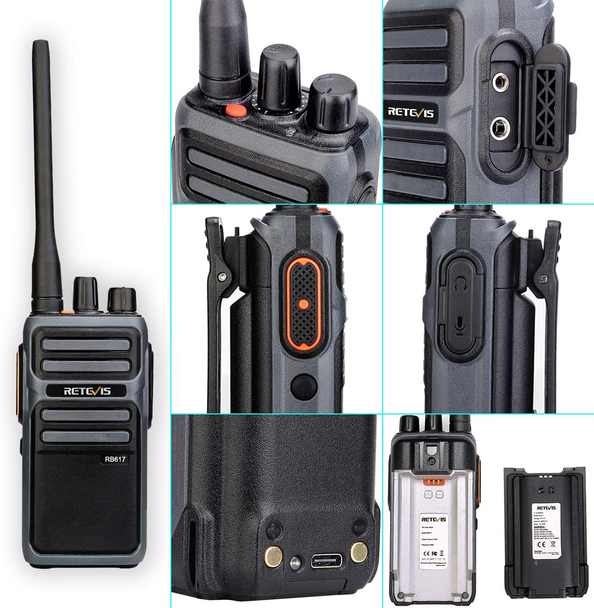 Retevis RB617 Walkie Talkie Rechargeable, 4400mAh Two Way Radios with 2 in 1 Type-C USB Cable, PMR446 VOX, Emergency Alarm - Image 5