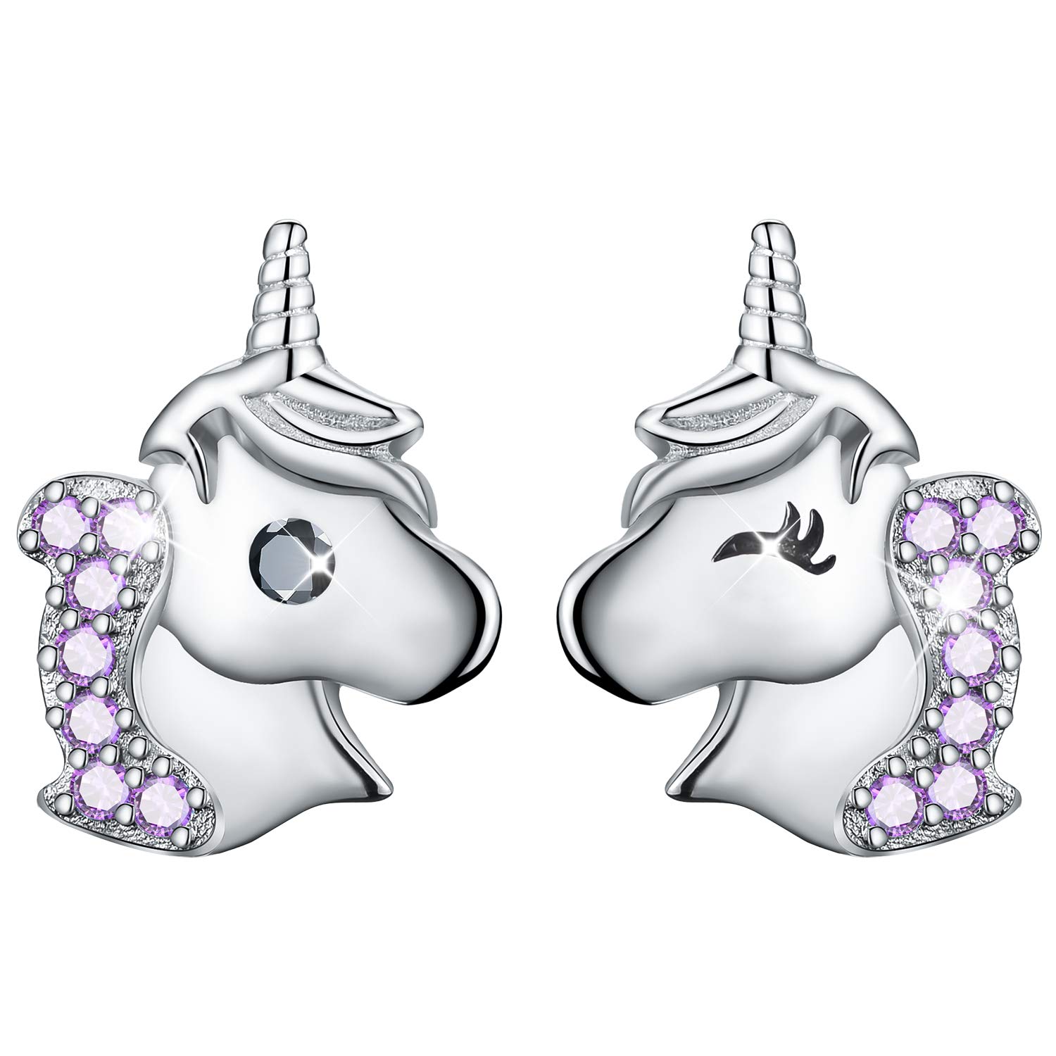 Esberry 18K Gold Plating 925 Sterling Silver Stud Earrings Unicorn with Cubic Zirconia Asymmetry Earrings Hypoallergenic Earrings for Girls and Women (Purple)