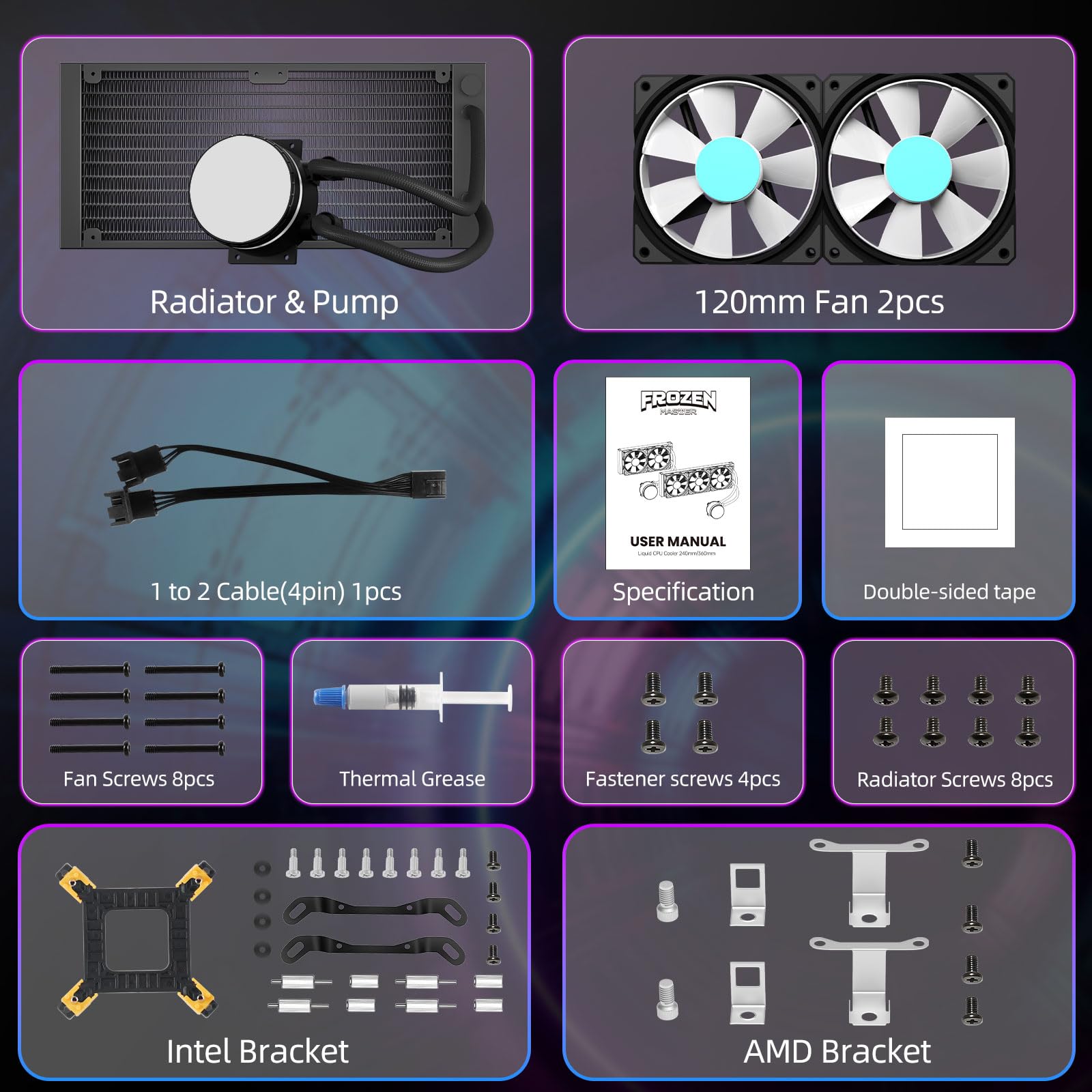 240mm AIO ARGB CPU Liquid Cooler, 2×120mm PWM Fans, Black CPU Water Cooler for AMD/AM5/AM4, Intel LGA 1700/1150/1151/2011, Gaming