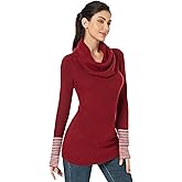 AmélieBoutik Woman Drape Cowl Neck Long Sleeve Striped Cuff Sweater Top