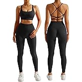 RXRXCOCO Ribbed Workout Sets for Women 2 Piece Backless Strappy Sports Bra Seamless Leggings Matching Set Yoga Outfits