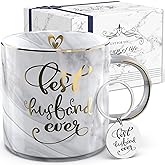 Gifts for Husband from Wife - Gray Marble Ceramic Coffee Mug Cup 11.5oz w/ KeyChain - Best Husband Ever - Birthday Gift Novelty Present for Anniversary, Valentines Day, Christmas Xmas, Thanksgiving