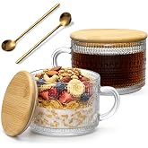 DOPUDO Vintage Glass Coffee Mugs, Overnight Oats Containers With Lids,Glass Cup With Sealed Lid and Spoon,Glass Coffee Mugs, 