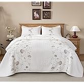 meadow park Embroidery Quilt Set 3-Piece Prewashed. 100% Cotton. Embroidery and Allover Quilting. Queen Size Bed Spread. Ivory Color.
