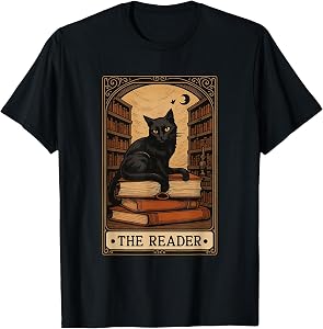 The Reader Black Cat Book Reading Halloween Tarot Card T-Shirt