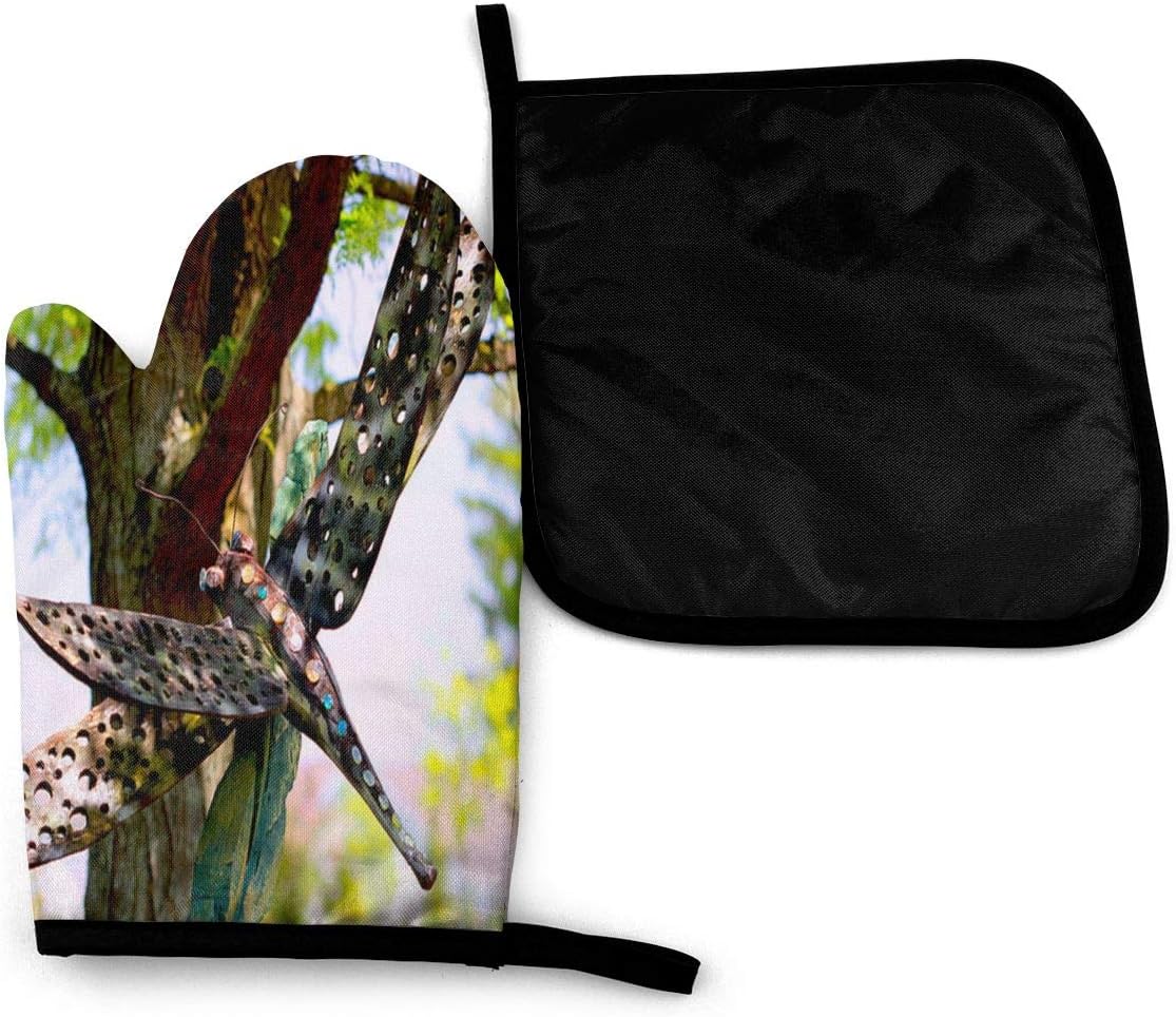 N/C Dragonfly Garden Oven Gloves and Insulation Pads, 4pcs Heat-Resistant Kitchen Gloves, Cotton-Lined Non-Slip Rubber Surface, Beautifully Insulated Gloves.