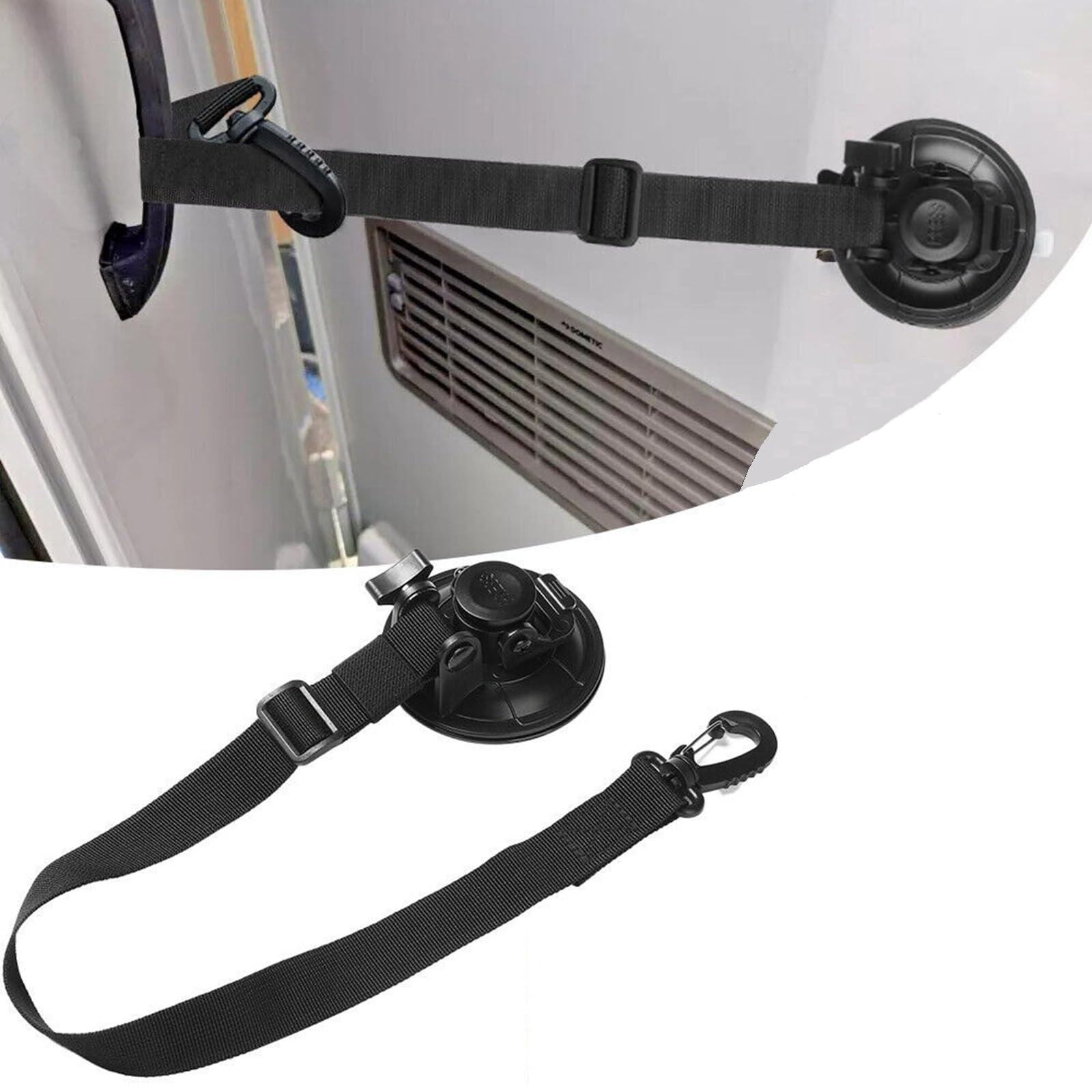BAAQII Adjustable Door Retainer Strap for Motorhome Caravan Campervan, Doors Cord Strap Door Retainer with Plastic Hook and Locking Catch, Heavy-Duty Locking Suction Cup Door Strap Stop Wind (1)