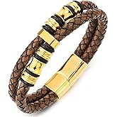 COOLSTEELANDBEYOND Mens Double-Row Braided Leather Bracelet Bangle Wristband Gold Color Stainless Steel Ornaments