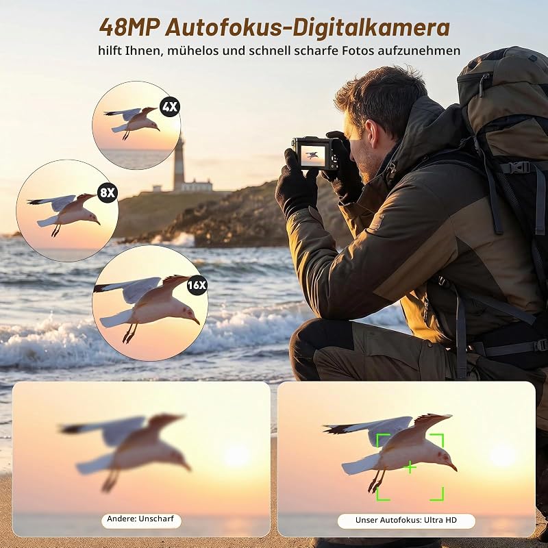 Digitalkamera 4K 48MP Autofokus Fotokamera 16X Digitalzoom Fotoapparat mit 180° Klappbarer Bildschirm Kompaktkamera mit 32GB Karte für Teens Anfänger Erwachsene (Weiß) (Schwarz) — Foto 4 von 7