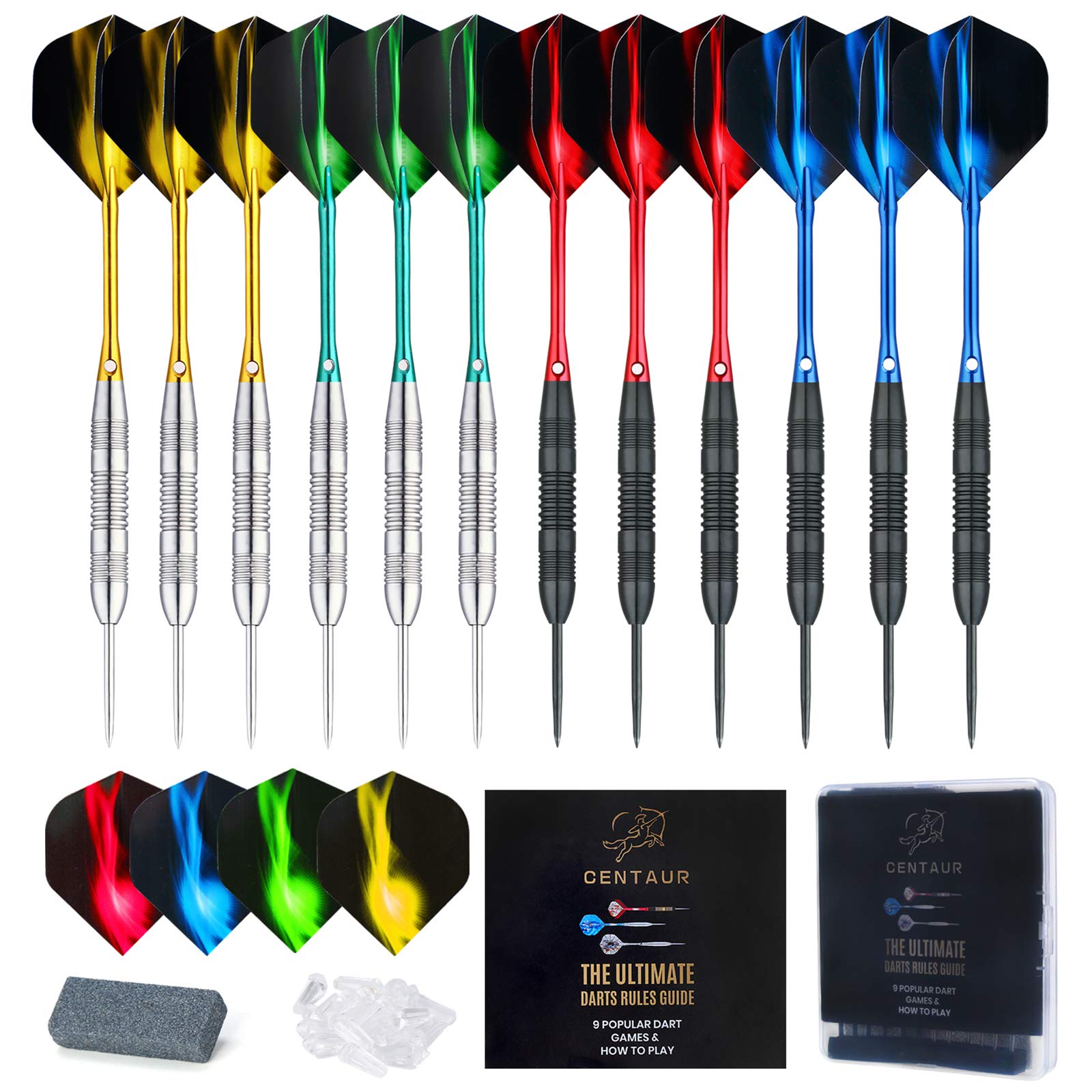 CENTAUR 12 Pack Steel Tip Darts, Professional 22 Grams Metal Dart Set with 4 Color Premium Aluminum Shafts and 4 Style PET Flights and Dart Case, Silver & Black