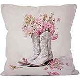 MONALET Western Cowgirl Boots Pink Floral Throw Pillow Covers 18x18, Preppy Decor Pillow Cases Gifts for Teen Girl Bedroom Living Room, Aesthetic Flower Decorative Pillowcases for Couch Bed Sofa