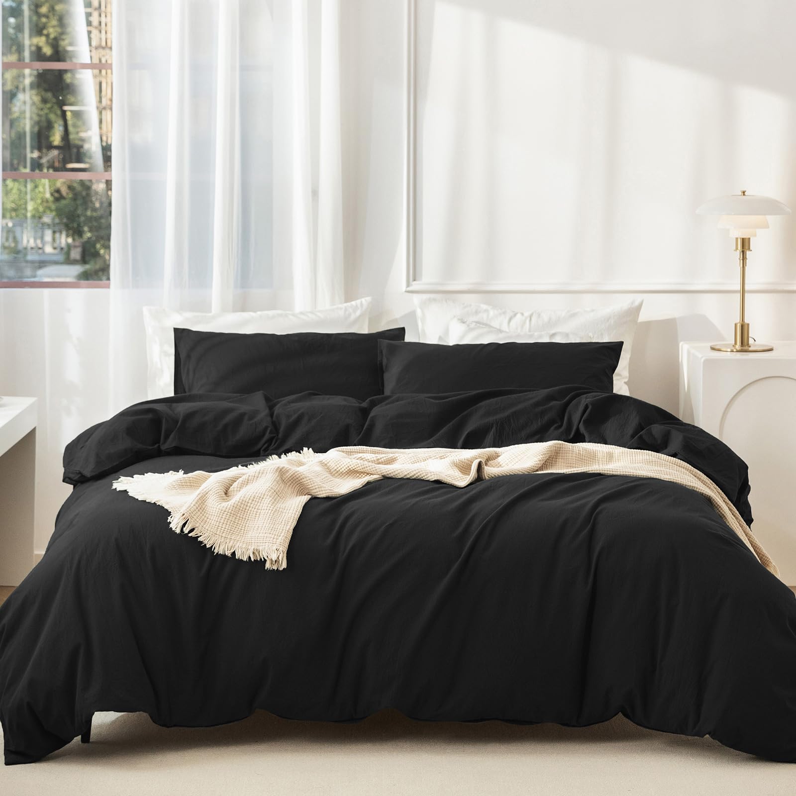Photo 1 of JIYUAN 100% Washed Cotton Duvet Cover Set 3 Pieces Full, 1 Duvet Cover 80x90 Inches(Comforter Not Included) and 2 Pillowcases,Linen Feel Bedding Set Comfy and Breathable,Black