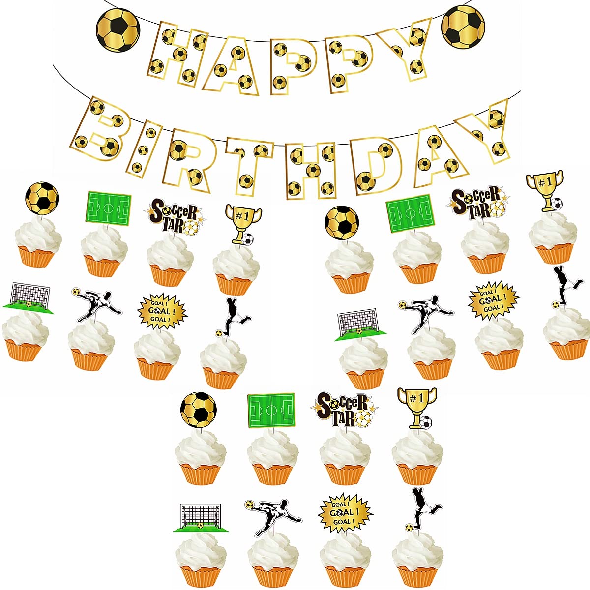 Gold Black Soccer Themed Birthday Decoration Kit Soccer Birthday Banner & Cupcake Toppers Soccer Ball Party Decorations Supplies for Kids Boys Teenagers Adult Soccer Fans Birthday Party Baby Shower