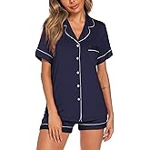 Aamikast Button Up Pajama Set for Women Shorts Short Sleeve Knit Sleepwear 2 Pice Pjs Sets