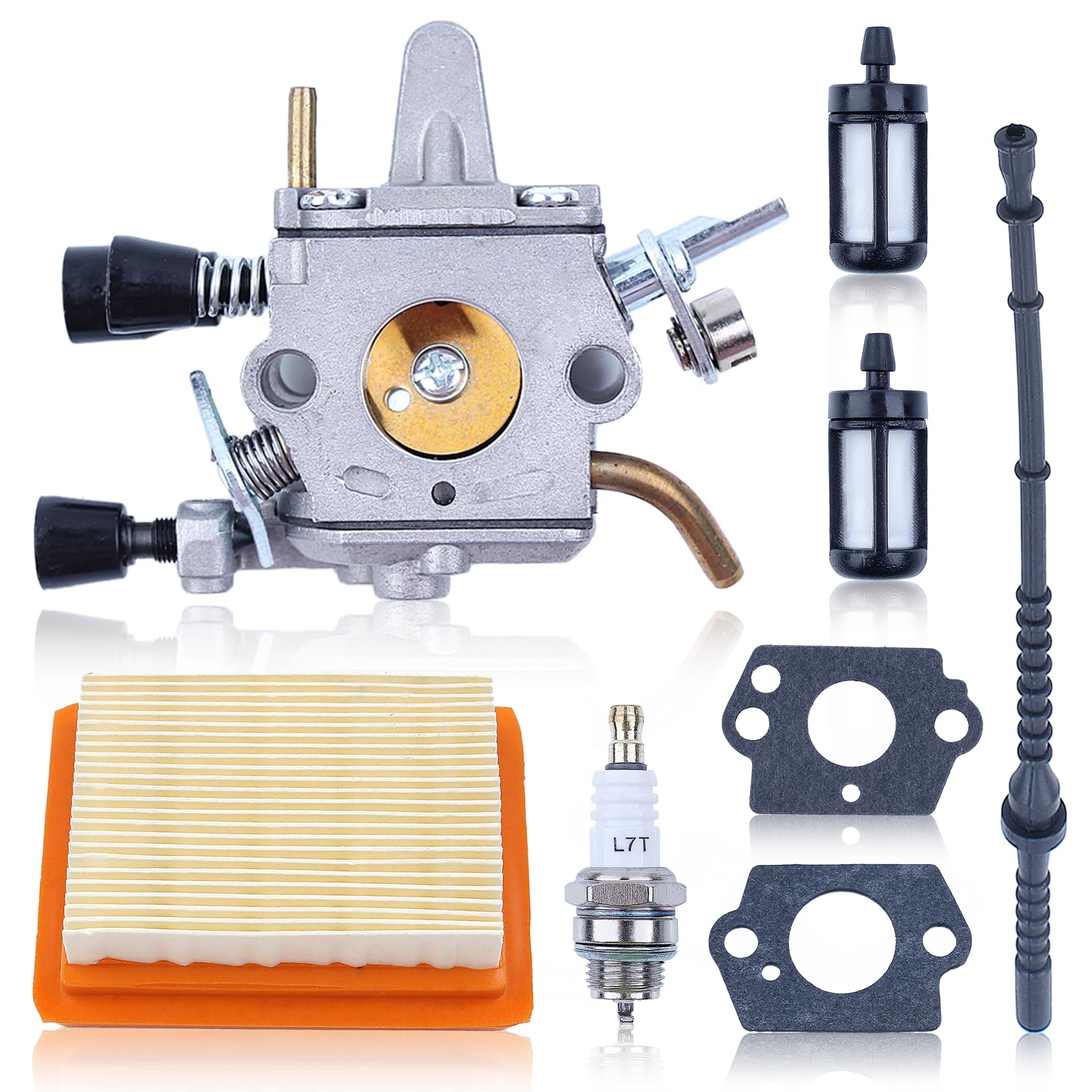 Adefol Carburetor Kit for Stihl FS120 FS200 FS020 FS202 FS300 FS350 Brushcutter, Air Filter + Spark Plug + Fuel Hose + Fuel Filter Professional Carburetor Rebuild Replacement Set