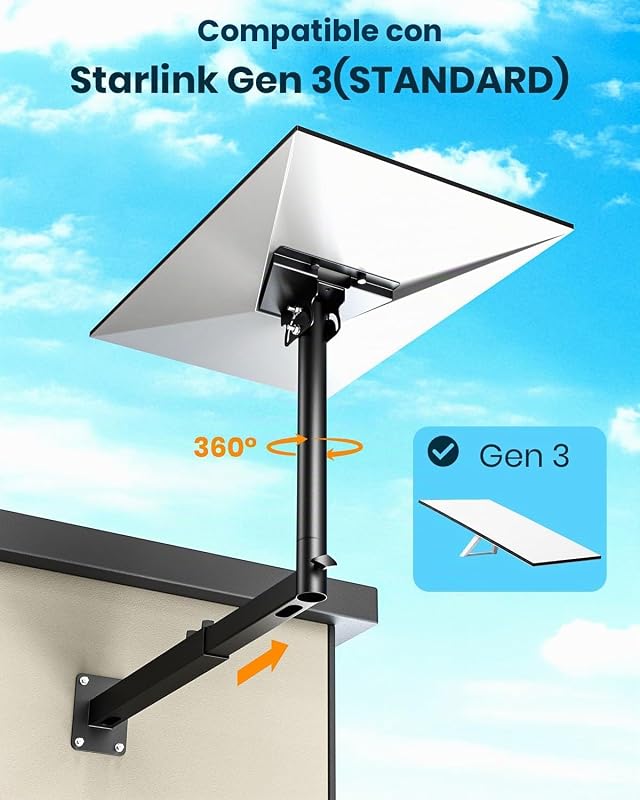 Suporte Starlink Gen 3, suporte Starlink Gen 3 ajustável a 360°, suporte de mastro Starlink com adaptador de tubo Starlink Gen 3, kit de montagem de parede longa Starlink