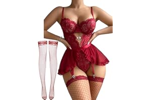 Alrovetoney Women Lingerie with Garter Belt 4pcs Set Lace Contrast Mesh Bodysuit Ruffle Garter Belt Skirt Black 3XL