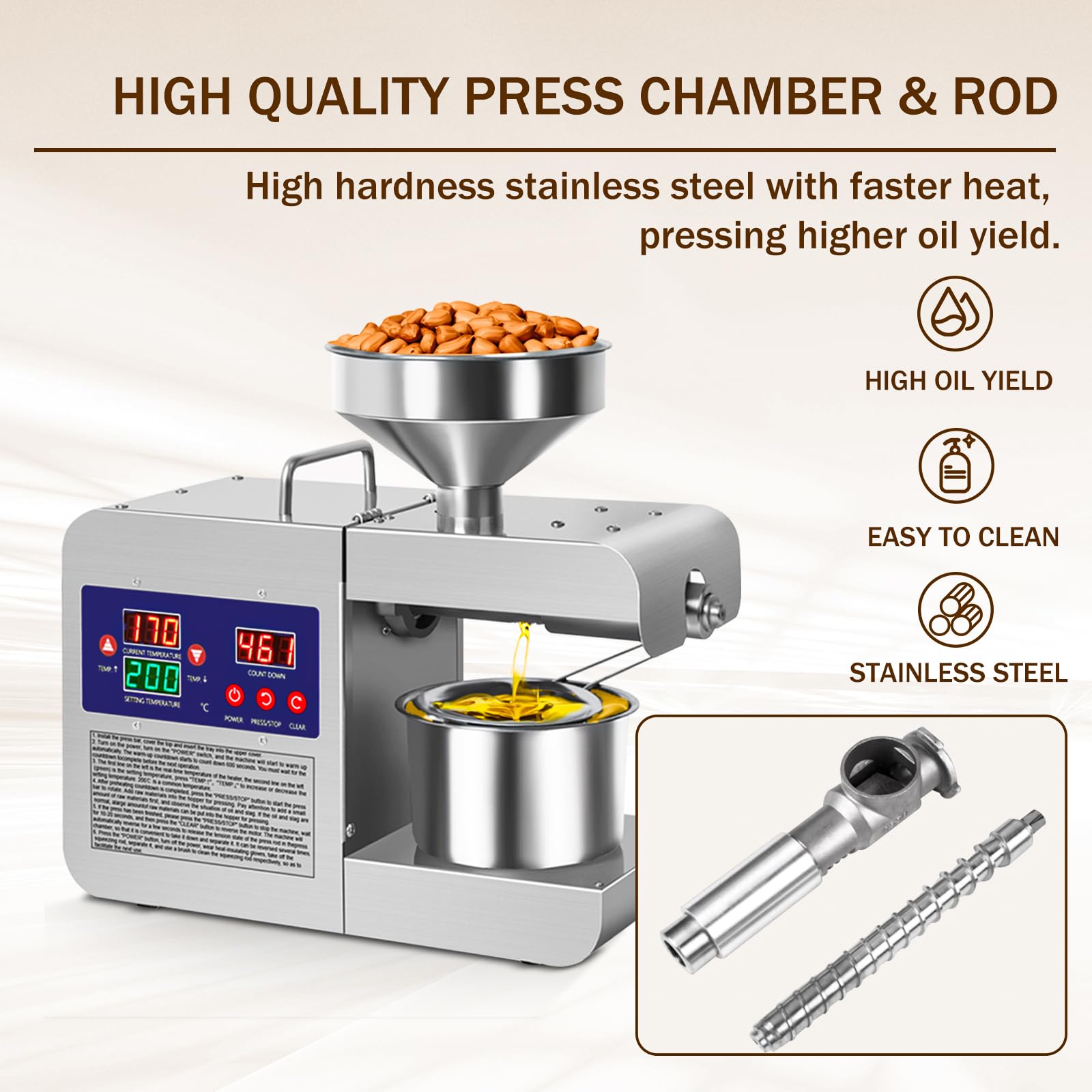 Oil Press Machine, 110V Home Commercial Automatic Oil Press Extractor, Steel Stainless Electric Cold & Hot Press Oil Expeller with LCD Diplay for Peanut Sesame Coconut Soybean Sunflower Seeds Walnuts