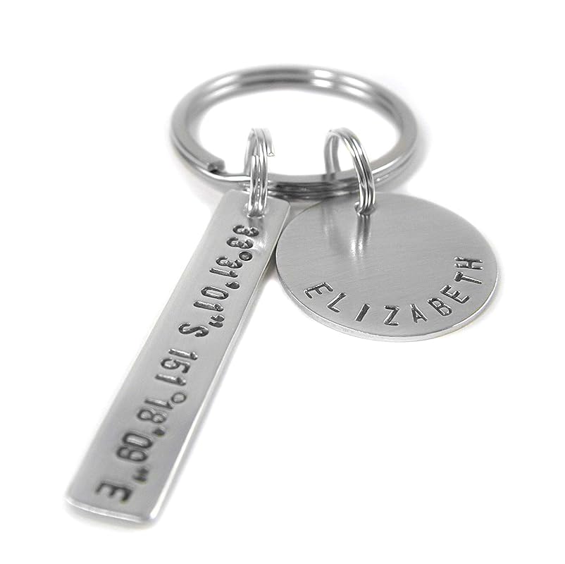 Longitude Latitude Silver Key Chain Personalized GPS Coordinates Hand Stamped
