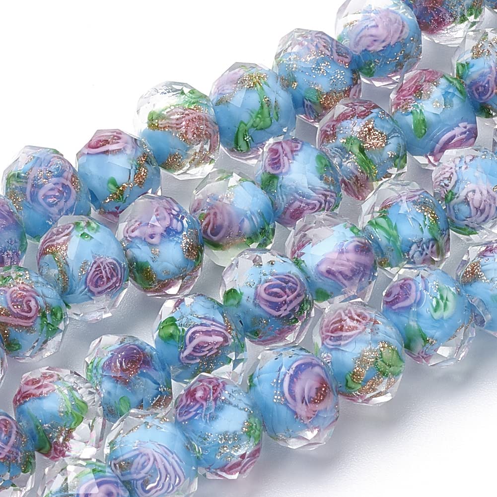 OLYCRAFT 70pcs 6~8mm Gold Sand Lampwork Beads Glass Handmade Round Loose Beads for Rosary Making Jewelry Craft Making with 2mm Hole - Deep Sky Blue