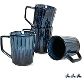 Bosmarlin Ceramic Coffee Mug Set of 4, 15 Oz, Coffee Cups with Big Handle, Microwave Safe, Unique Reactive Glaze (Grey Blue, 15 Oz)