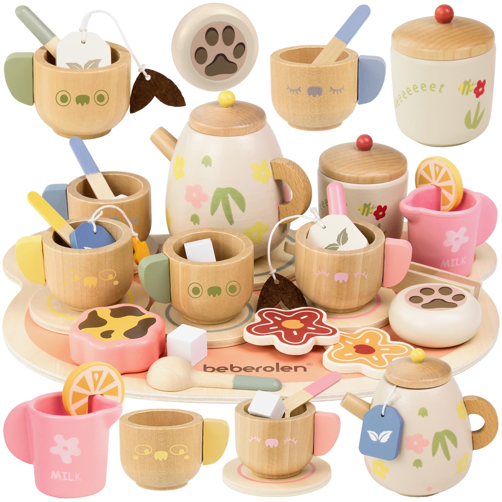 Beberolen Wooden Tea Set for Toddlers, 31PCS Play Food for Children Kitchen Accessories, Pretend Play Educational Toys Kid Girls and Boys Birthday Gifts Afternoon Tea Party Teapot & Picnic Role Play
