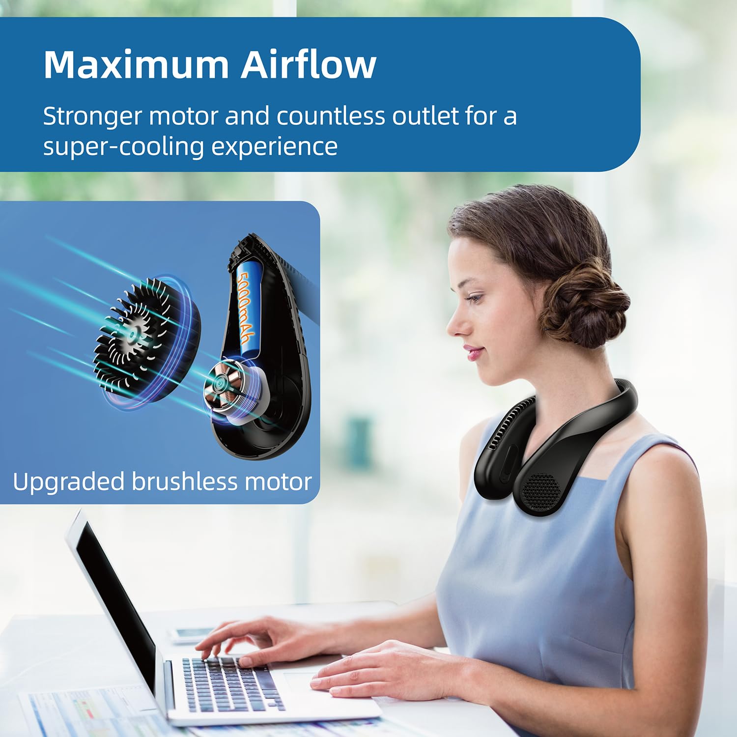Neck Fan, 5000mAh Portable Personal Fan, Hands-Free Bladeless Fan, Wearable Fan, 3 Speeds, Strong Airflow, Cooling Fan for Travel, Outdoor, Indoor, Black