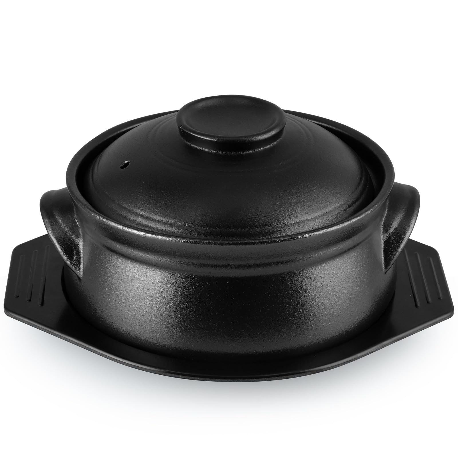 Skelang Korean Ceramic Bowl with Lid and Trivet, 1.6 L Double Handles Cooking Bowl, Sizzling Hot Pot for Dolsot Bibimbap, Rice, Noodle, Soup (Frosted Black)