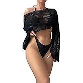 COZYEASE Women's Hollow Out Crop Bikini Cover Up Boat Neck Long Sleeve Crochet Sheer Swimsuit Cover Up
