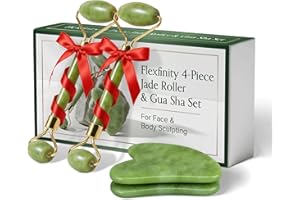 Flexfinity 4-Piece Body Roller Jade & Authentic Jade Roller and Gua Sha Set for Face and Body Sculpting, Puffiness Reduction, Lymphatic Support, and Relaxing Spa Massage