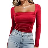 Beluring Women Sexy Shirts Square Neck Shirt Long Sleeve Going Out Ruched Tops Pleated Tee Tshirt (Red, 2XL)