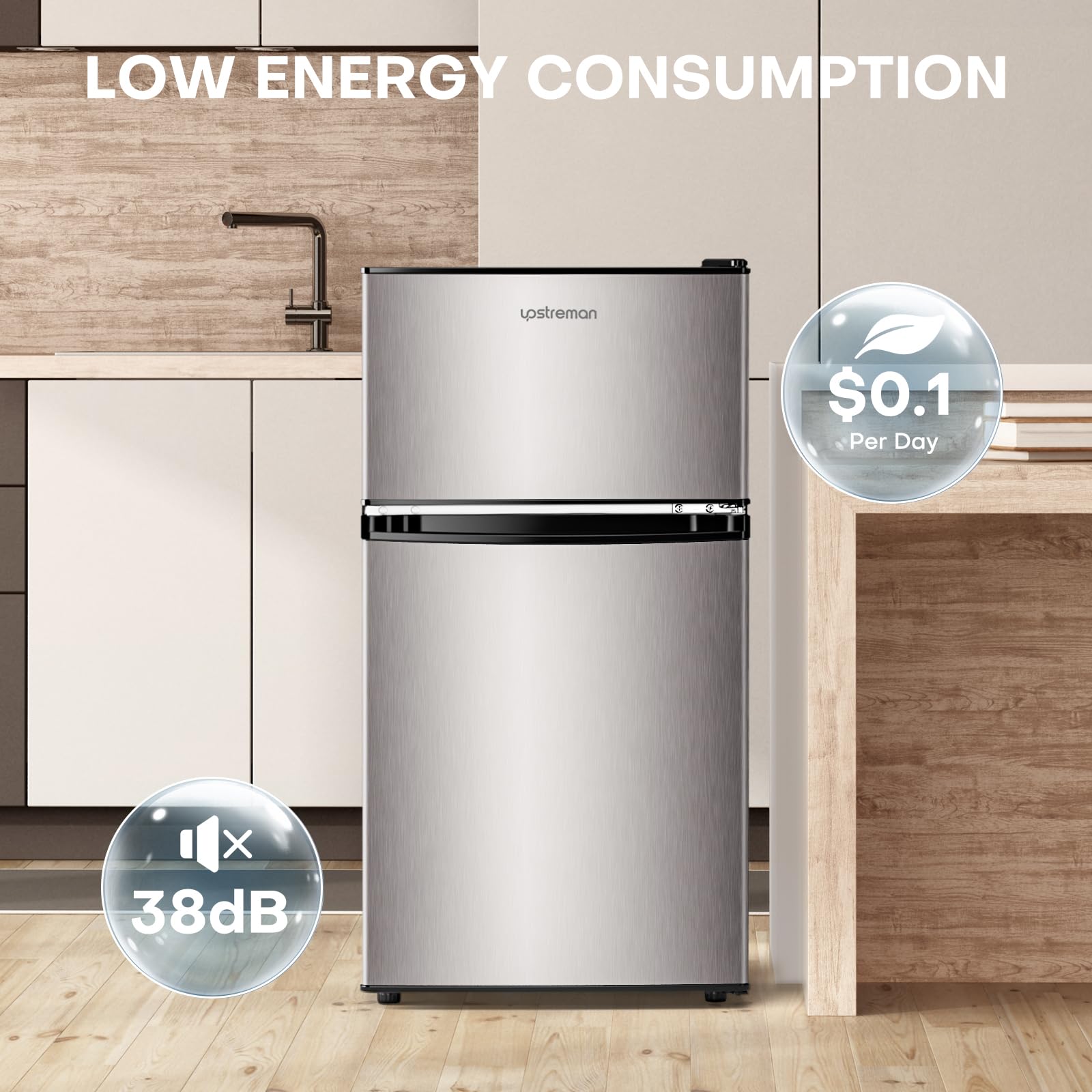 Upstreman 3.2 Cu.Ft Mini Fridge with Freezer, Double Door Mini Fridge, Adjustable Thermostat, Mini Refrigerator for Dorm, Office, Bedroom, Stainless-SD321