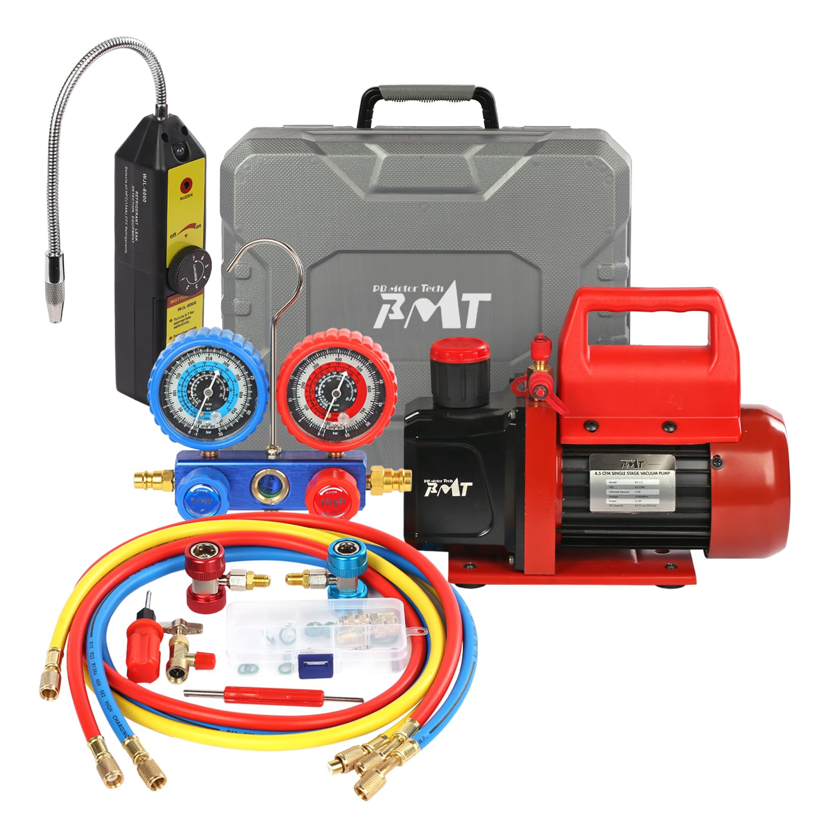 Photo 1 of ***PARTS ONLY***PB Motor Tech Vacuum Pump & Gauge Set - 4.5 CFM Pump with 3 Way Aluminum Manifold Gauge, with Leak Detector & PVC Storage Case - for R134A, R410A, R22, R404A Refrigerants & AC Maintenance