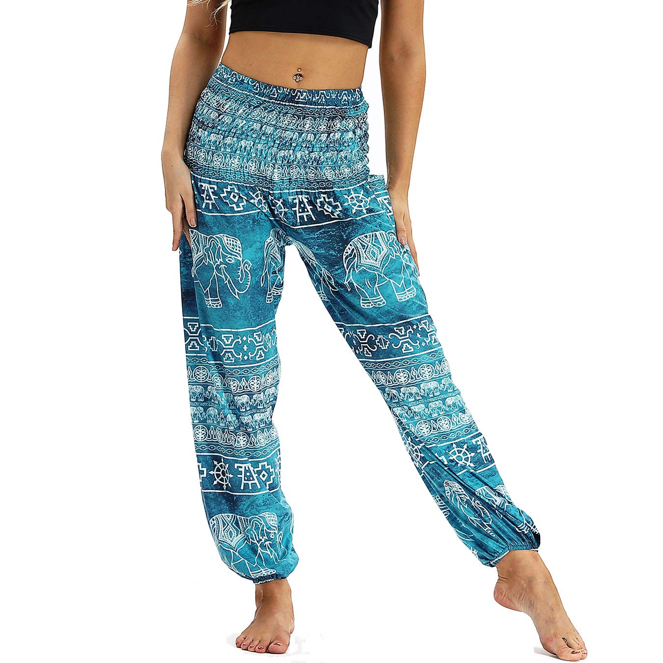 Nuofengkudu Women's Harem Hippie Pants Baggy Boho Patterned High Waist Smocked Waist Thin with Pockets Lounge Trousers for Yoga Summer Beach (One Size, Light Blue Elephant C)